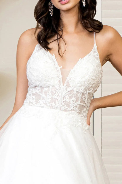 Romantic A-Line Deep V-Neck Sleeveless Glitter Lace White Floor Wedding Bridal Gown