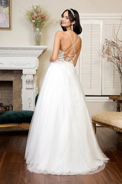 Romantic A-Line Deep V-Neck Sleeveless Glitter Lace White Floor Wedding Bridal Gown