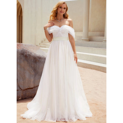 Romantic A-Line Off-Shoulder Flowy White Floor-Length Wedding Dresses Gown