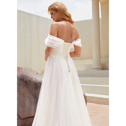 Romantic A-Line Off-Shoulder Flowy White Floor-Length Wedding Dresses Gown