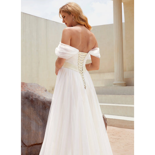 Romantic A-Line Off-Shoulder Flowy White Floor-Length Wedding Dresses Gown