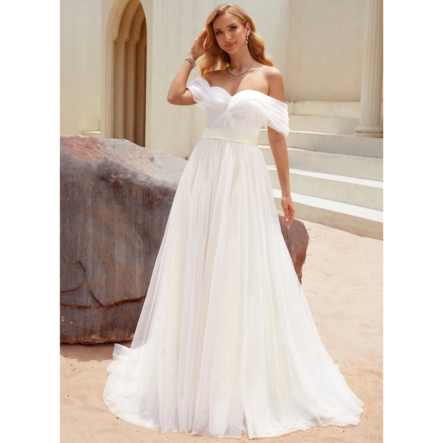 Romantic A-Line Off-Shoulder Flowy White Floor-Length Wedding Dresses Gown