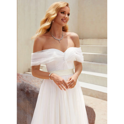 Romantic A-Line Off-Shoulder Flowy White Floor-Length Wedding Dresses Gown