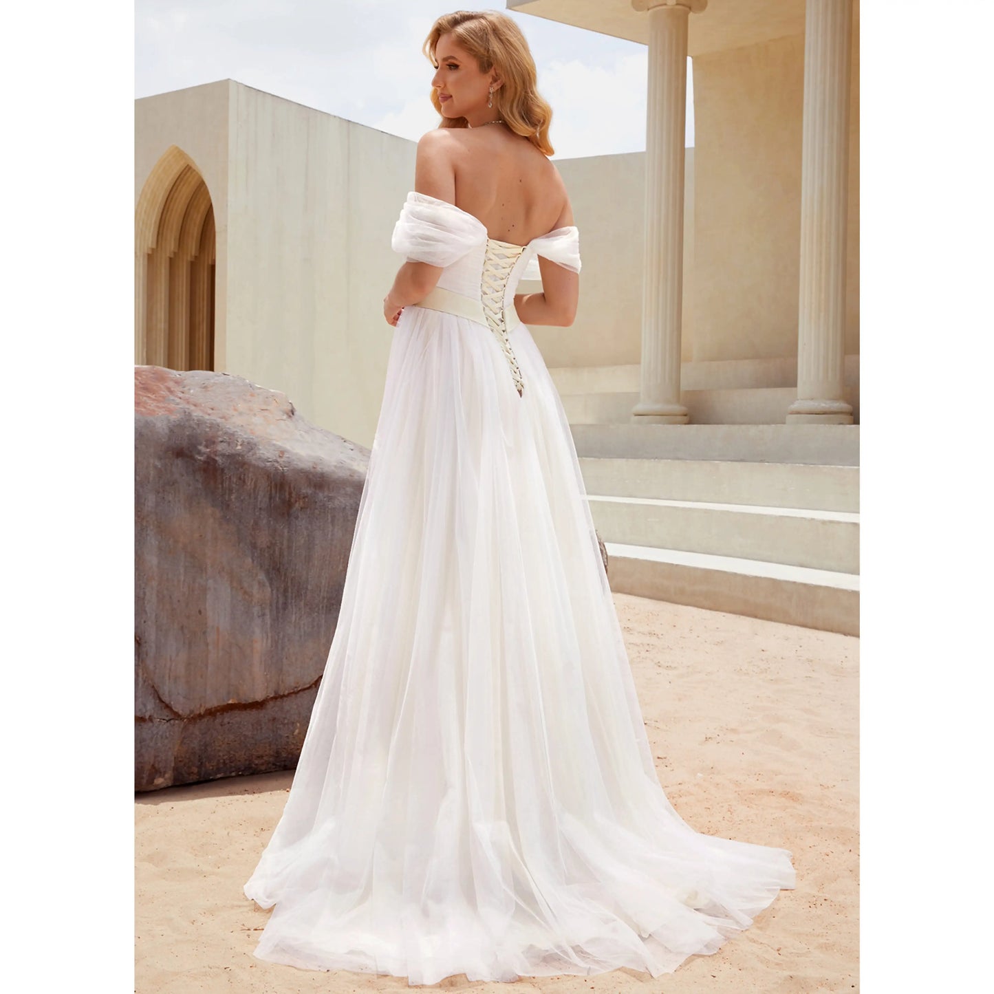 Romantic A-Line Off-Shoulder Flowy White Floor-Length Wedding Dresses Gown
