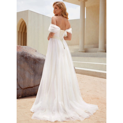 Romantic A-Line Off-Shoulder Flowy White Floor-Length Wedding Dresses Gown
