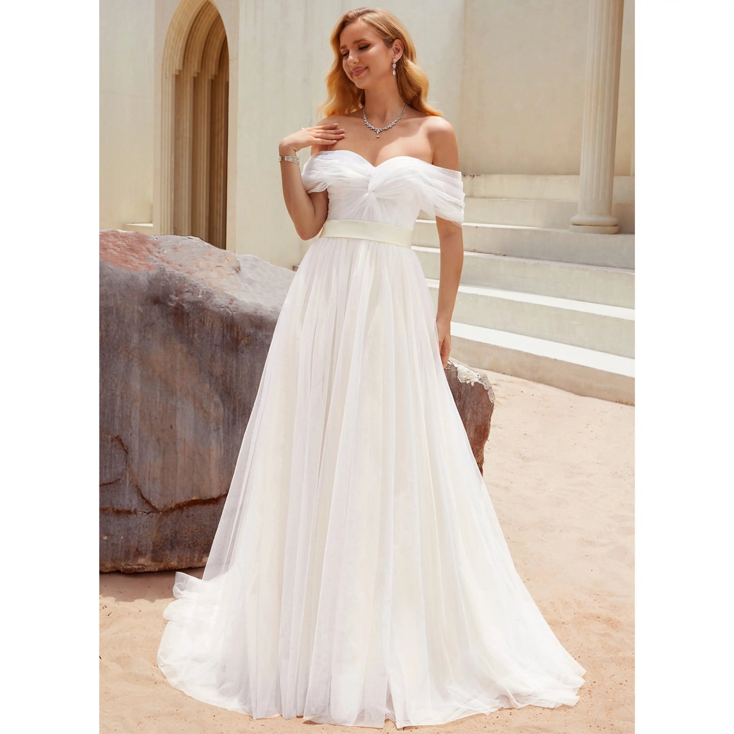 Romantic A-Line Off-Shoulder Flowy White Floor-Length Wedding Dresses Gown