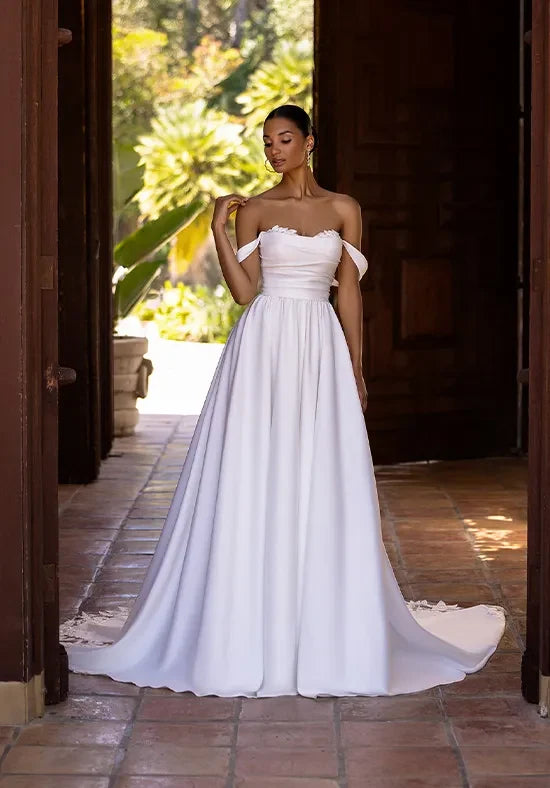 Romantic A-Line Off-Shoulder Lace Trim White Floor-Length Wedding Gown