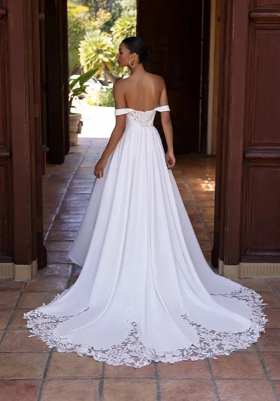 Romantic A-Line Off-Shoulder Lace Trim White Floor-Length Wedding Gown