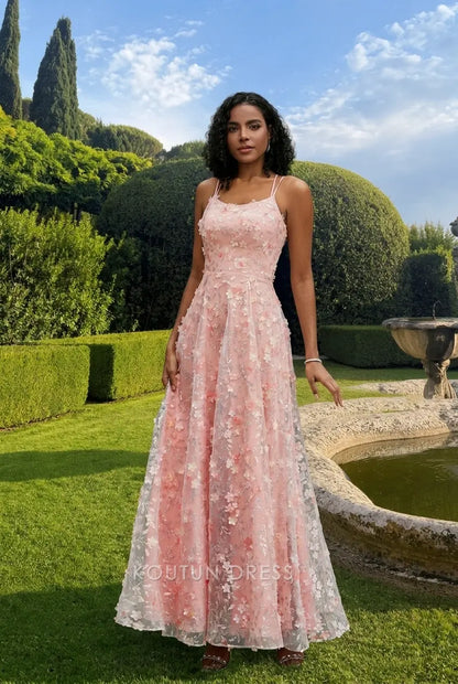 Romantic A-Line Scoop Neck Sleeveless Floral Blush Pink Floor-Length Prom Gown