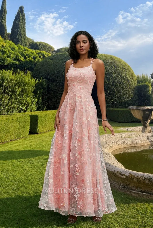 Romantic A-Line Scoop Neck Sleeveless Floral Blush Pink Floor-Length Prom Gown