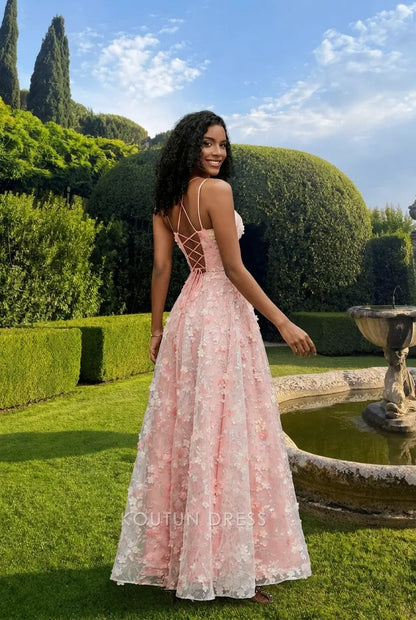 Romantic A-Line Scoop Neck Sleeveless Floral Blush Pink Floor-Length Prom Gown