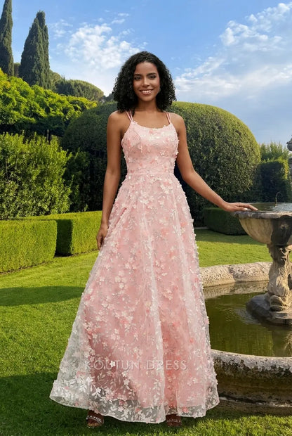 Romantic A-Line Scoop Neck Sleeveless Floral Blush Pink Floor-Length Prom Gown