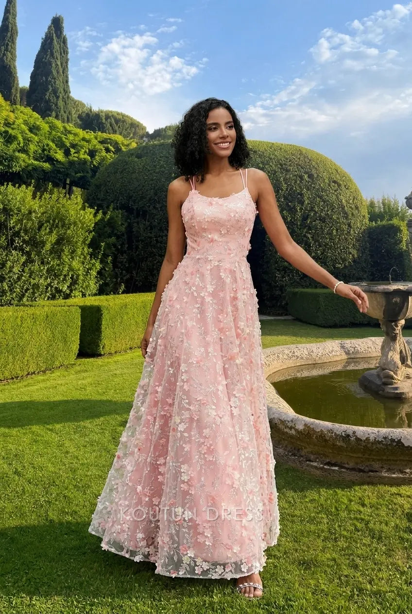 Romantic A-Line Scoop Neck Sleeveless Floral Blush Pink Floor-Length Prom Gown