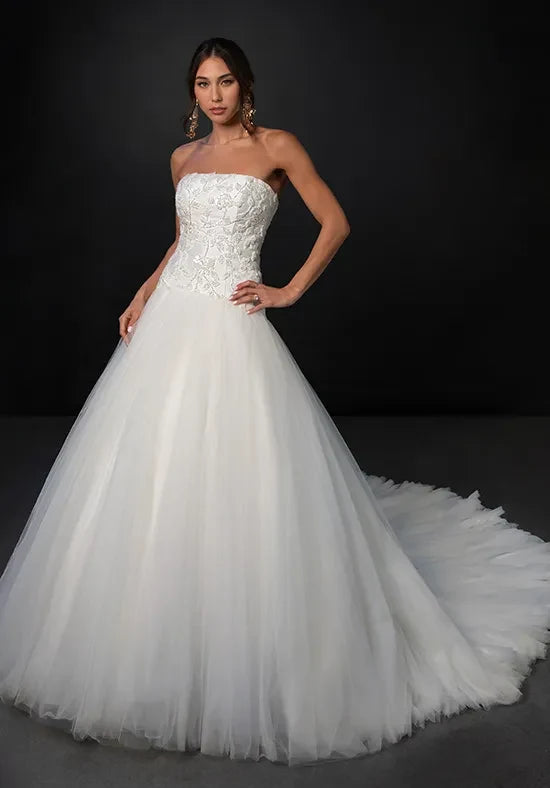 Romantic A-Line Strapless Sleeveless Beaded Floral White Floor-Length Bridal Wedding Dresses