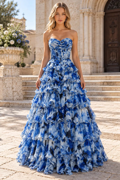 Romantic A-Line Strapless Sleeveless Tiered Floral Blue Long Prom Dresses Women