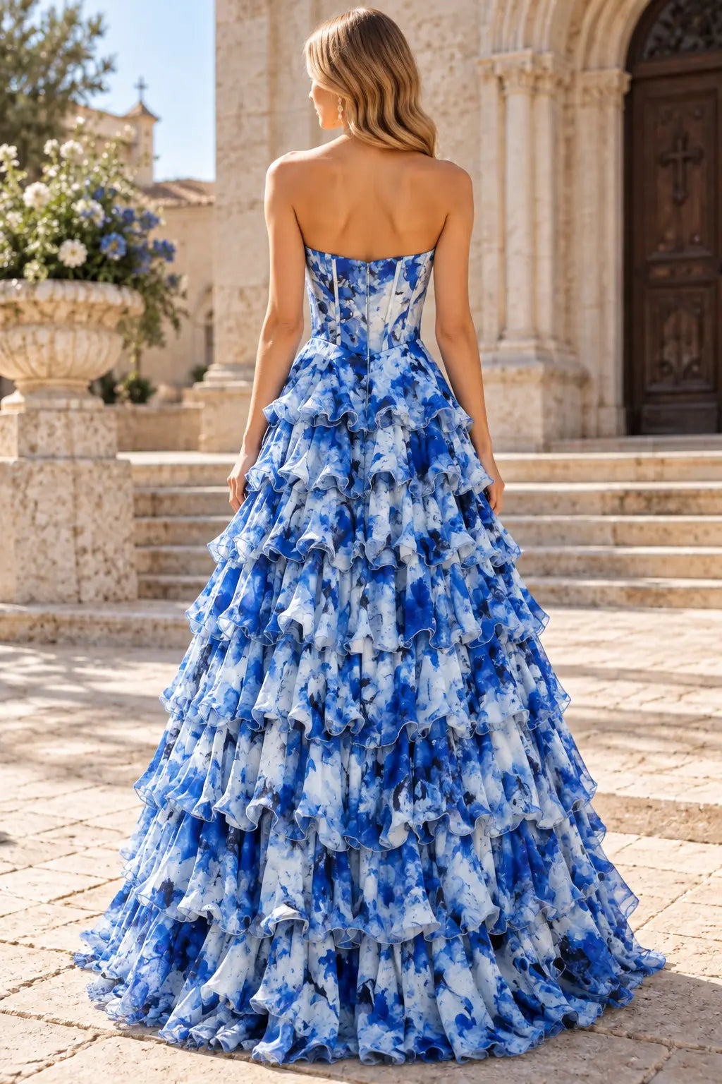 Romantic A-Line Strapless Sleeveless Tiered Floral Blue Long Prom Dresses Women