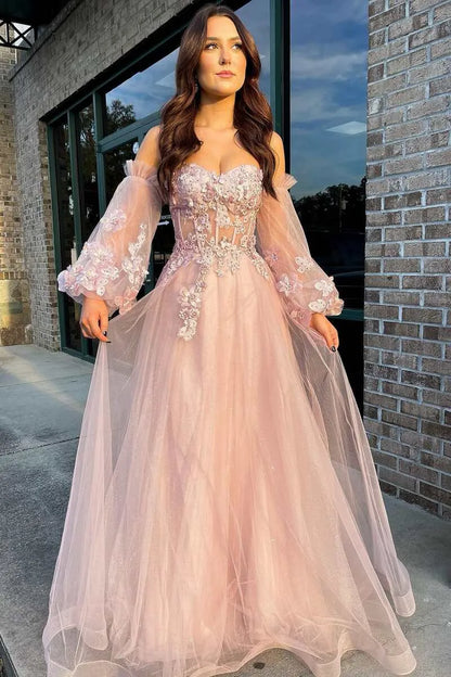 Romantic A-Line Sweetheart Long-Sleeve Floral Corset Pink Floor-Length Prom Dresses