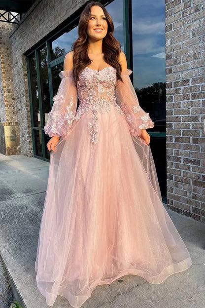 Romantic A-Line Sweetheart Long-Sleeve Floral Corset Pink Floor-Length Prom Dresses