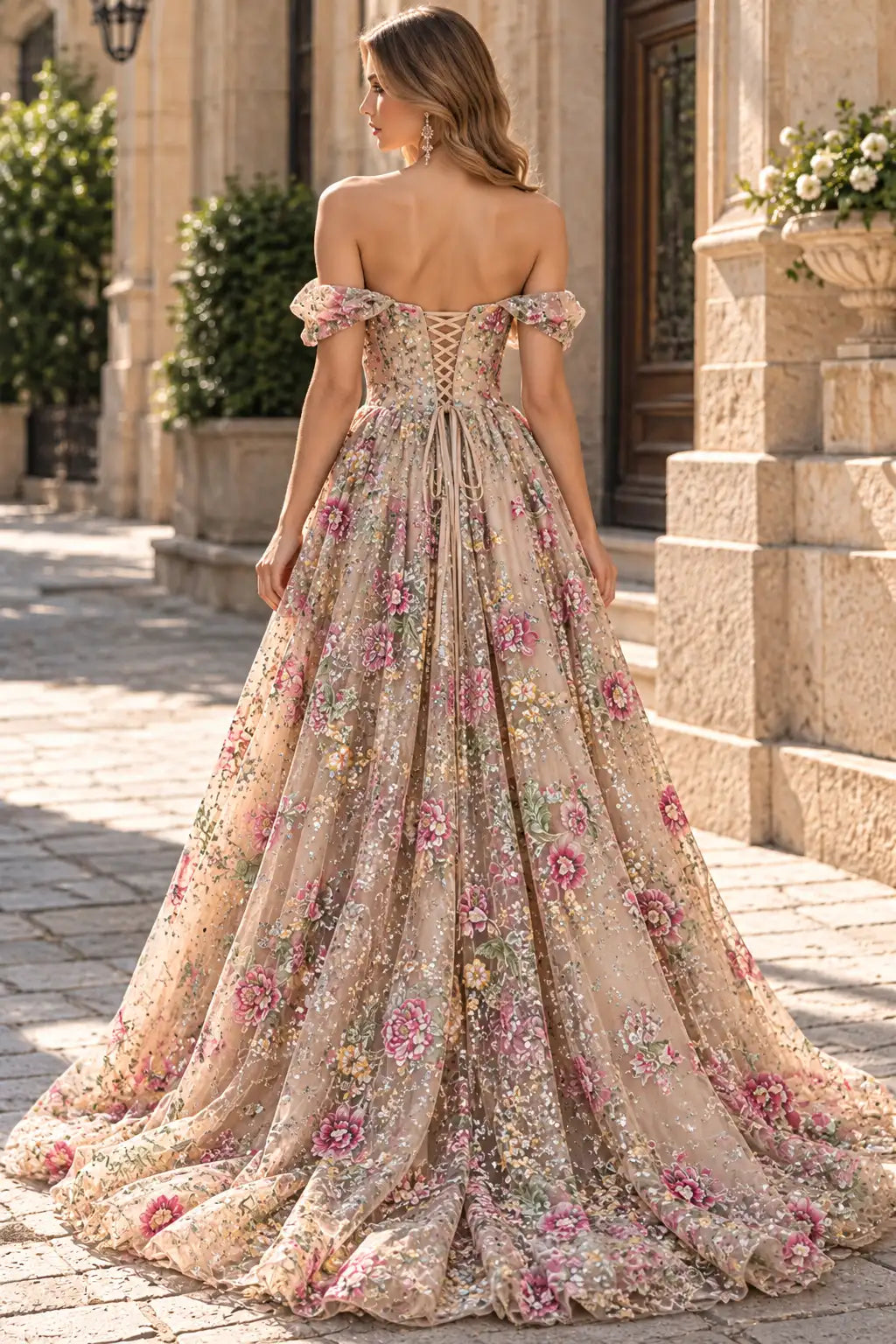 Romantic A-Line Sweetheart Off-Shoulder Floral Sequin Champagne Long Prom Dresses Women