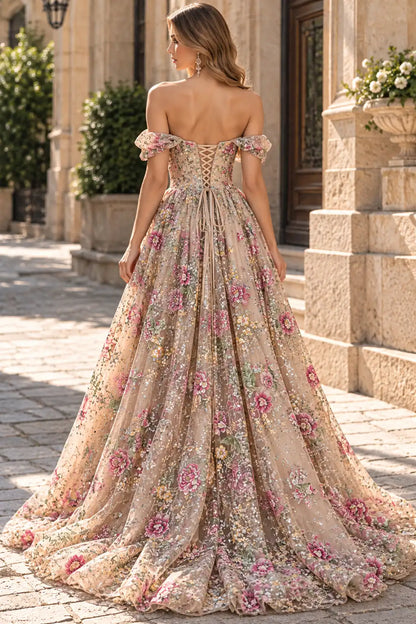 Romantic A-Line Sweetheart Off-Shoulder Floral Sequin Champagne Long Prom Dresses Women