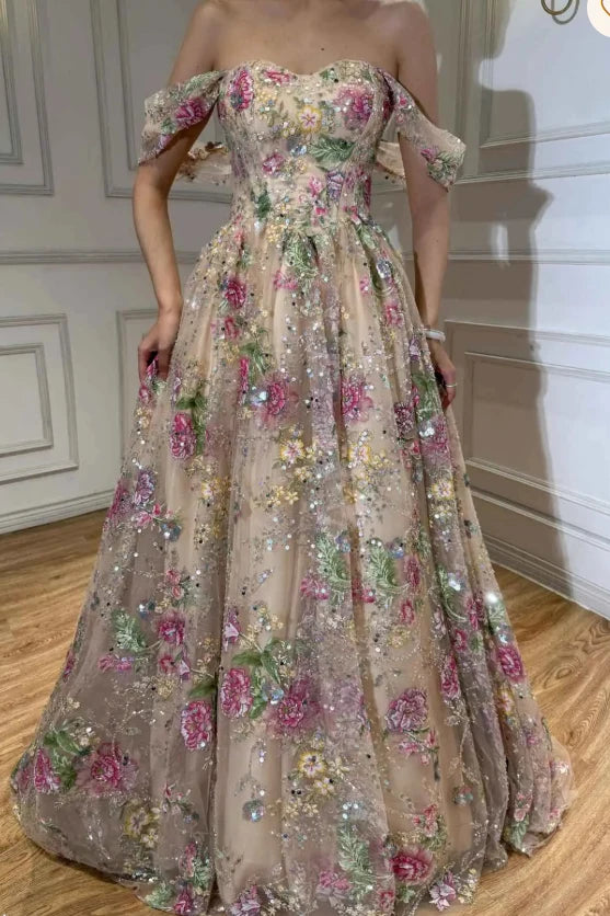 Romantic A-Line Sweetheart Off-Shoulder Floral Sequin Champagne Long Prom Dresses Women