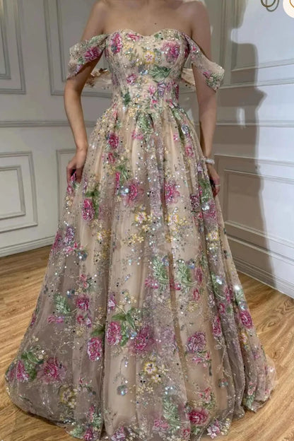 Romantic A-Line Sweetheart Off-Shoulder Floral Sequin Champagne Long Prom Dresses Women