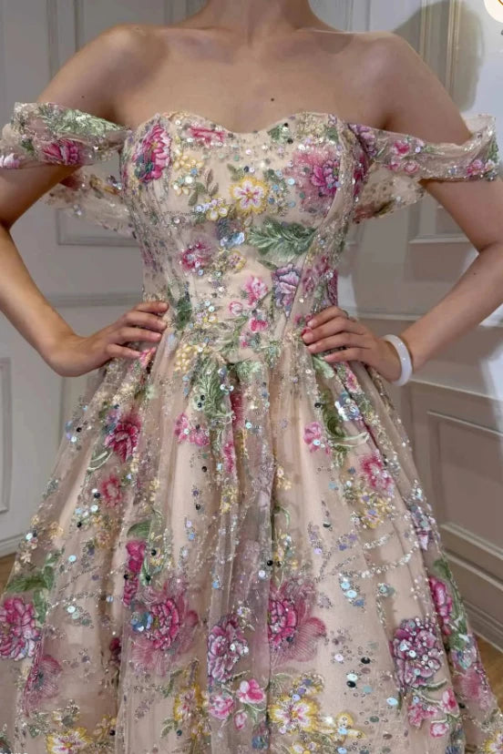 Romantic A-Line Sweetheart Off-Shoulder Floral Sequin Champagne Long Prom Dresses Women