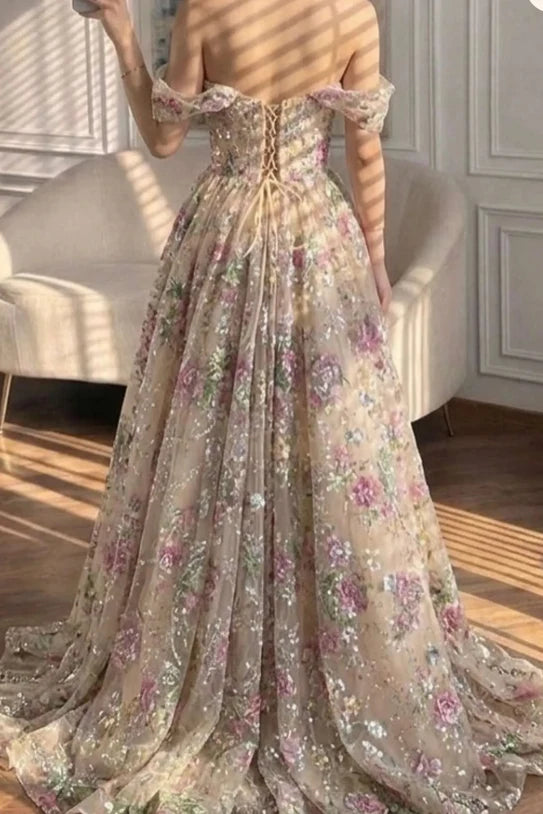 Romantic A-Line Sweetheart Off-Shoulder Floral Sequin Champagne Long Prom Dresses Women