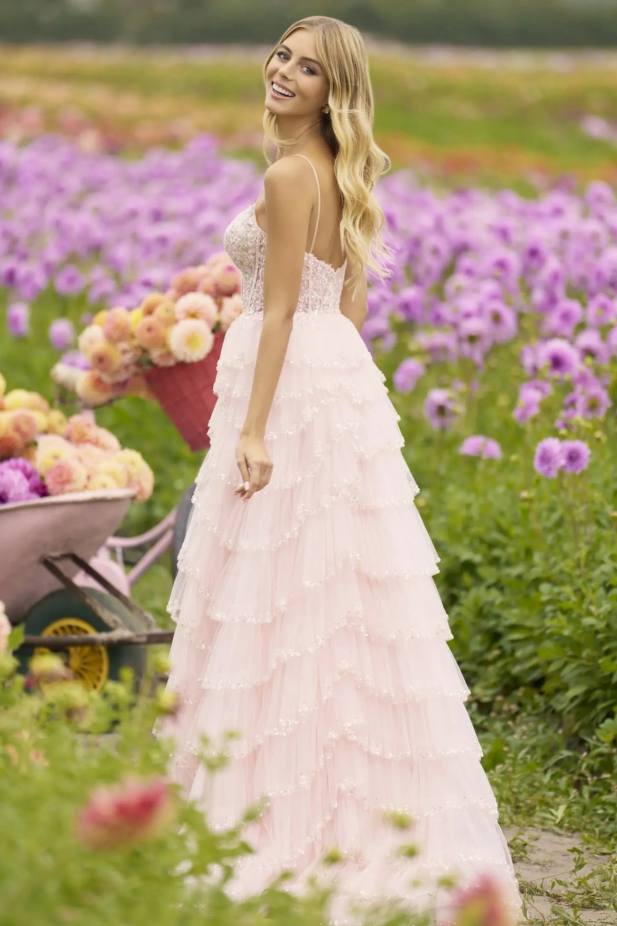 Romantic A-Line Sweetheart Sleeveless Corset Tiered Pink Maxi Evening Dresses Gown