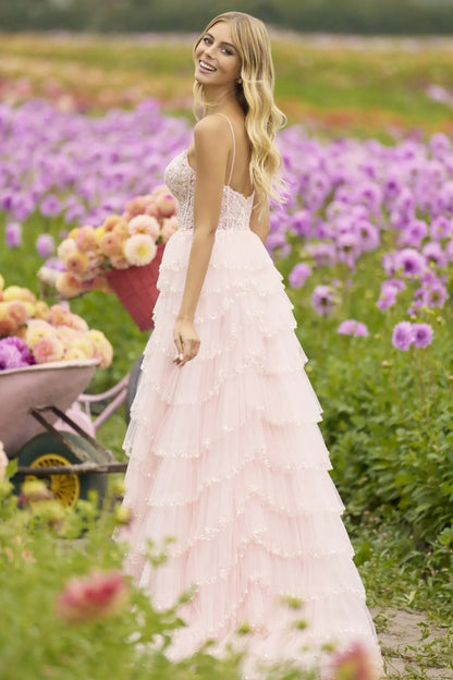 Romantic A-Line Sweetheart Sleeveless Corset Tiered Pink Maxi Evening Dresses Gown