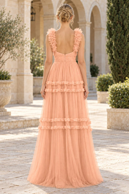Romantic A-Line Sweetheart Sleeveless Tiered Ruffled Peach Long Prom Dresses Gown