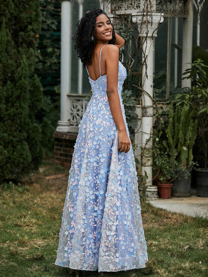 Romantic A-Line V-Neck Sleeveless Floral Applique Light Blue Floor-Length Prom Dresses Gown