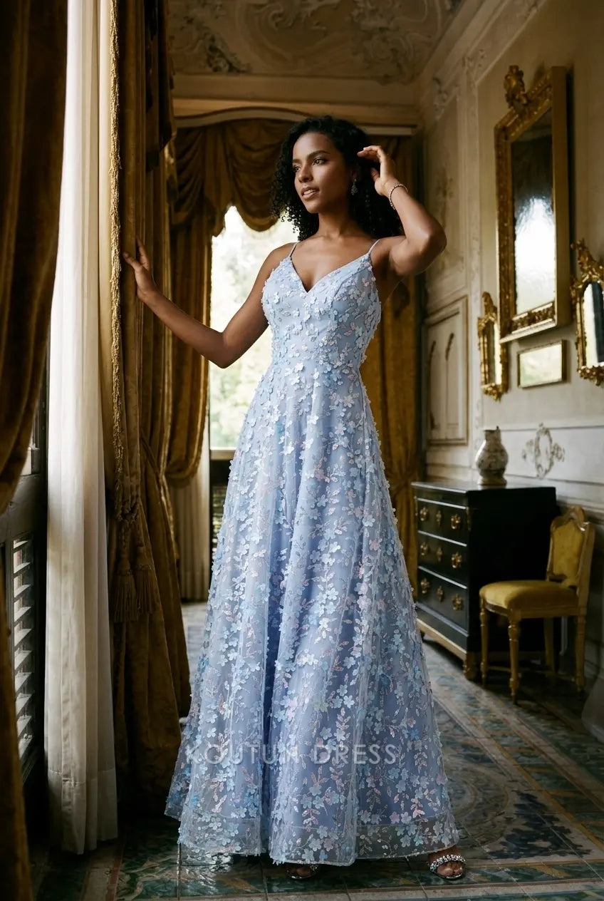 Romantic A-Line V-Neck Sleeveless Floral Applique Light Blue Floor-Length Prom Dresses Gown