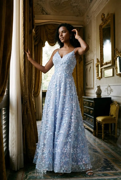 Romantic A-Line V-Neck Sleeveless Floral Applique Light Blue Floor-Length Prom Dresses Gown