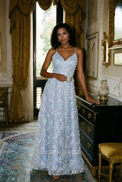 Romantic A-Line V-Neck Sleeveless Floral Applique Light Blue Floor-Length Prom Dresses Gown
