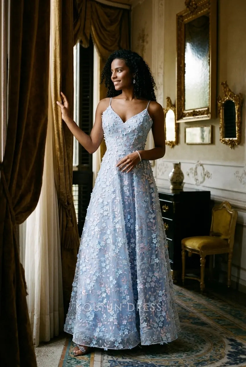 Romantic A-Line V-Neck Sleeveless Floral Applique Light Blue Floor-Length Prom Dresses Gown