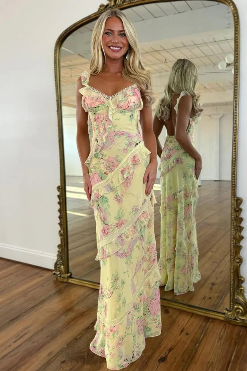 Romantic A-Line V-Neck Sleeveless Ruffled Backless Yellow Maxi Prom Dresses Women