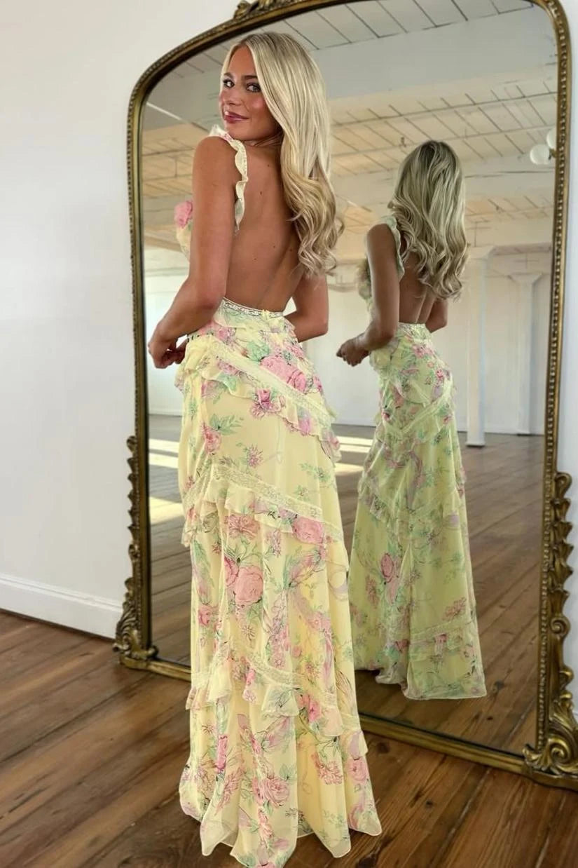 Romantic A-Line V-Neck Sleeveless Ruffled Backless Yellow Maxi Prom Dresses Women