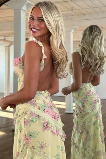Romantic A-Line V-Neck Sleeveless Ruffled Backless Yellow Maxi Prom Dresses Women