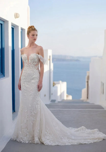 Romantic Mermaid Sweetheart Sleeveless Floral Backless Ivory Long Wedding Dresses Gown