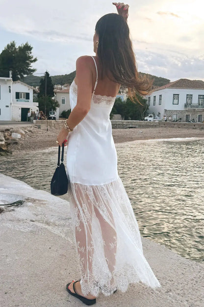 Romantic Slip Strappy Sleeveless Sheer Patchwork White Maxi Prom Dresses Gown