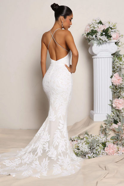 Romantic mermaid v-neck spaghetti strap cross back train evening dress