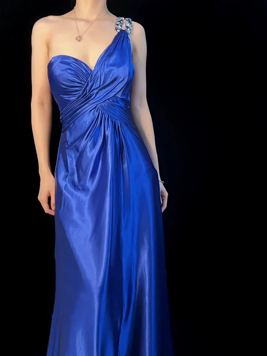 Royal Blue One Shoulder Prom Dress With Rhinestone Embellishments And Open Back Satin Formal Prom Dress