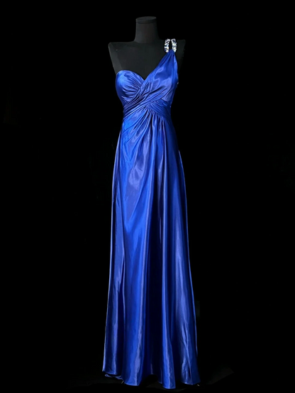 Royal Blue One Shoulder Prom Dress With Rhinestone Embellishments And Open Back Satin Formal Prom Dress