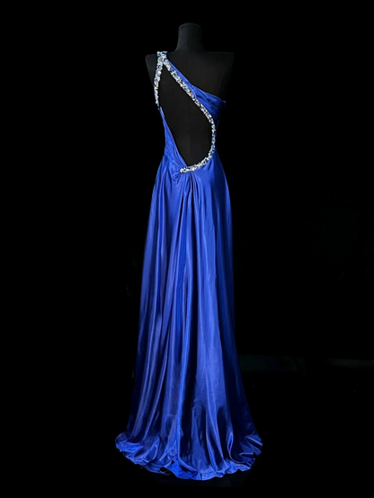 Royal Blue One Shoulder Prom Dress With Rhinestone Embellishments And Open Back Satin Formal Prom Dress