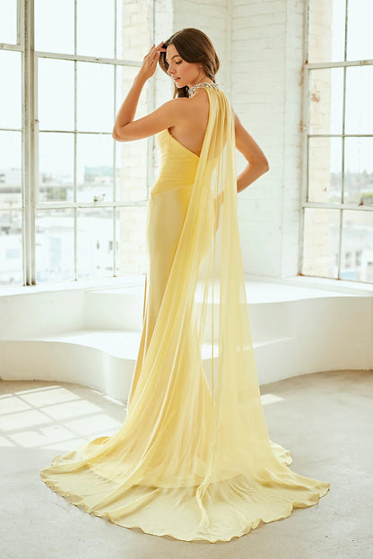 Royal Blue Strapless Beaded V-Neck Satin Cape Slit Maxi Evening Dress