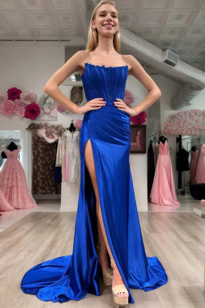 Royal Blue Strapless Satin Mermaid Prom Dress with Beaded Corset Bodice and High Slit for Formal Events and Prom Nights