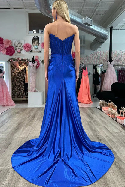 Royal Blue Strapless Satin Mermaid Prom Dress with Beaded Corset Bodice and High Slit for Formal Events and Prom Nights