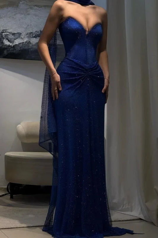 Royal Blue Strapless Sweetheart Prom Dress with Rhinestone Embellishments and Sheer Drape for Formal Events and Prom Nights