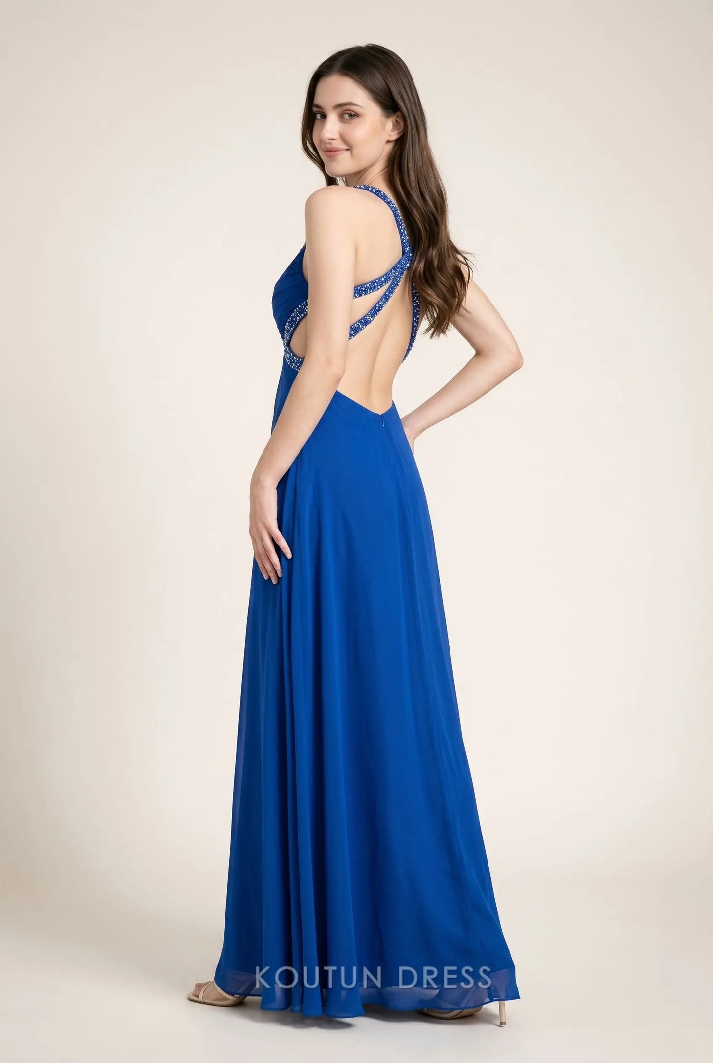 Royal Blue V Neck Twist Bust Rhinestone Embellished Cutout Open Back Chiffon A Line Long Prom Dress with Train